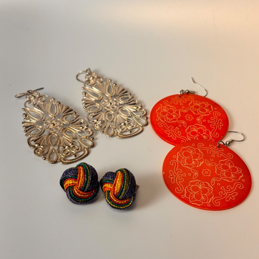 Vintage Earring Lot Silver Filigree Orange Floral Woven Knot Boho Statement Set